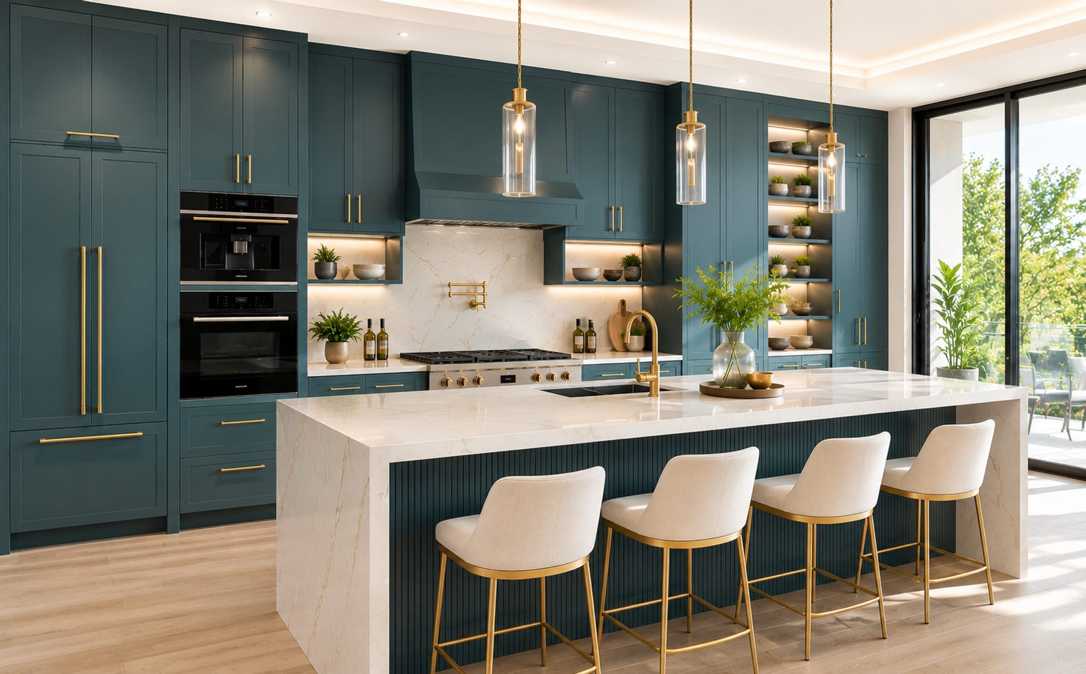 A bright, remodeled kitchen with white countertops, custom wood shelving, and natural light